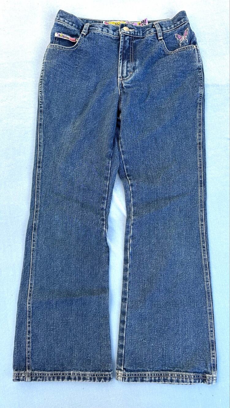 Vtg 90s Y2K No Excuses Flare Leg Jeans Butterfly Embroidered Size 9/10 Denim